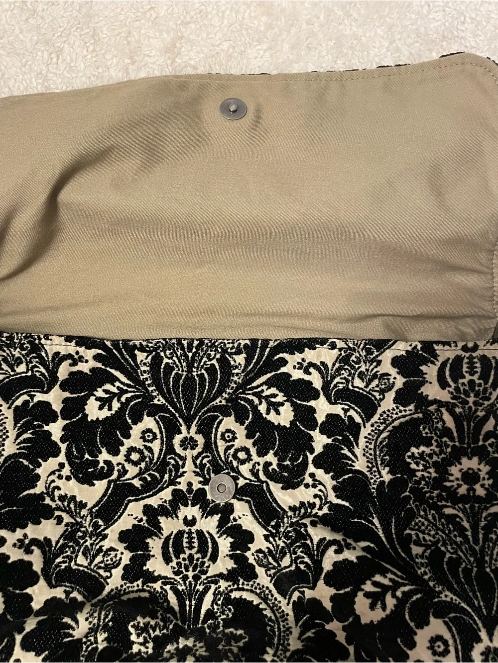 Black & Cream Damask Shoulder Bag with Leather Strap